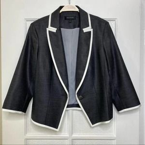 St. John Birdseye Blazer Jacket Medium Gray White Tuxedo Suit 8 Wool Silk